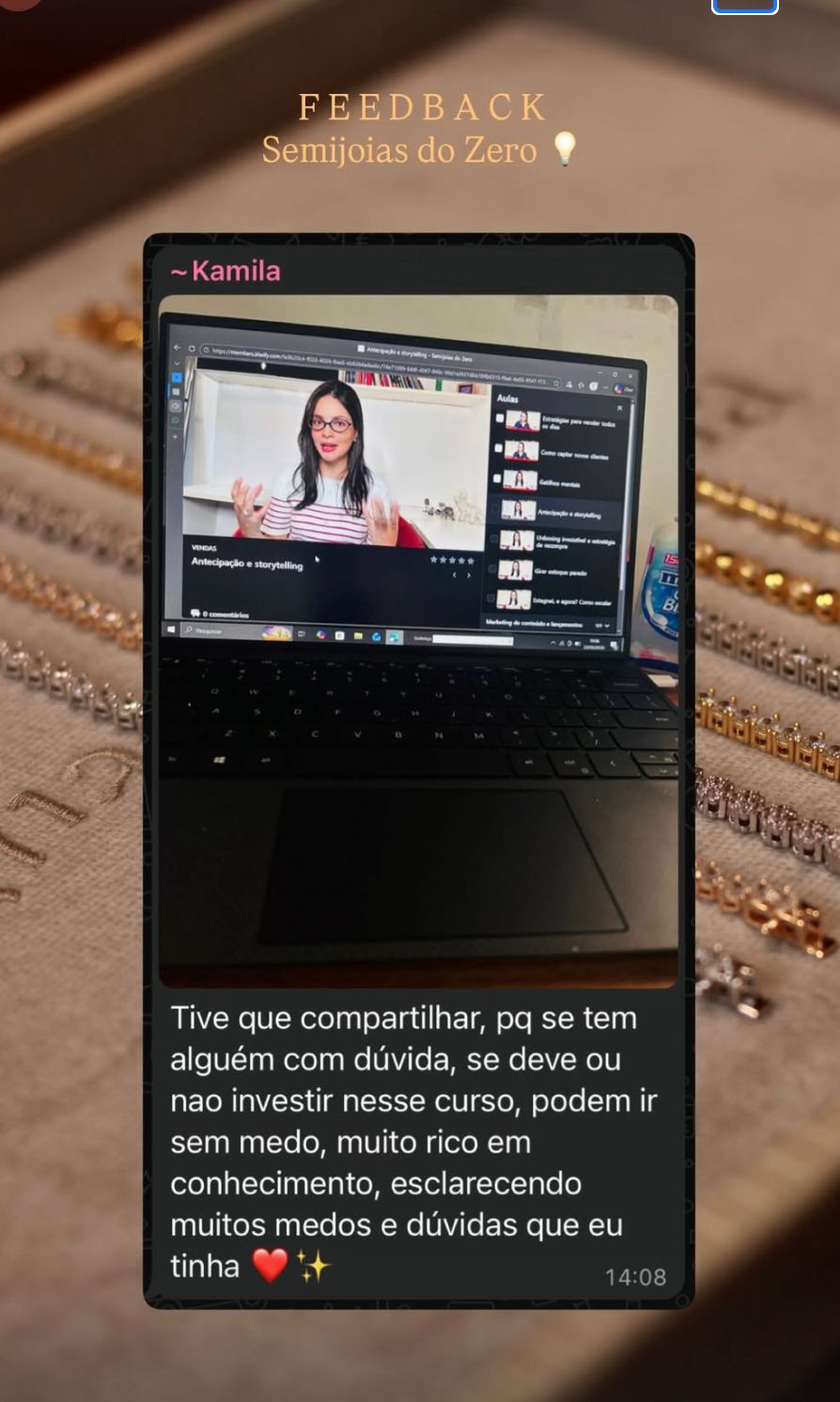 Print de depoimento em vídeo de aluna sobre o curso