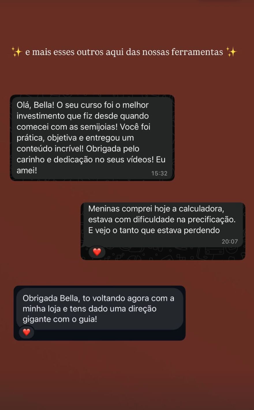 Prints de depoimentos de alunas sobre as ferramentas do curso