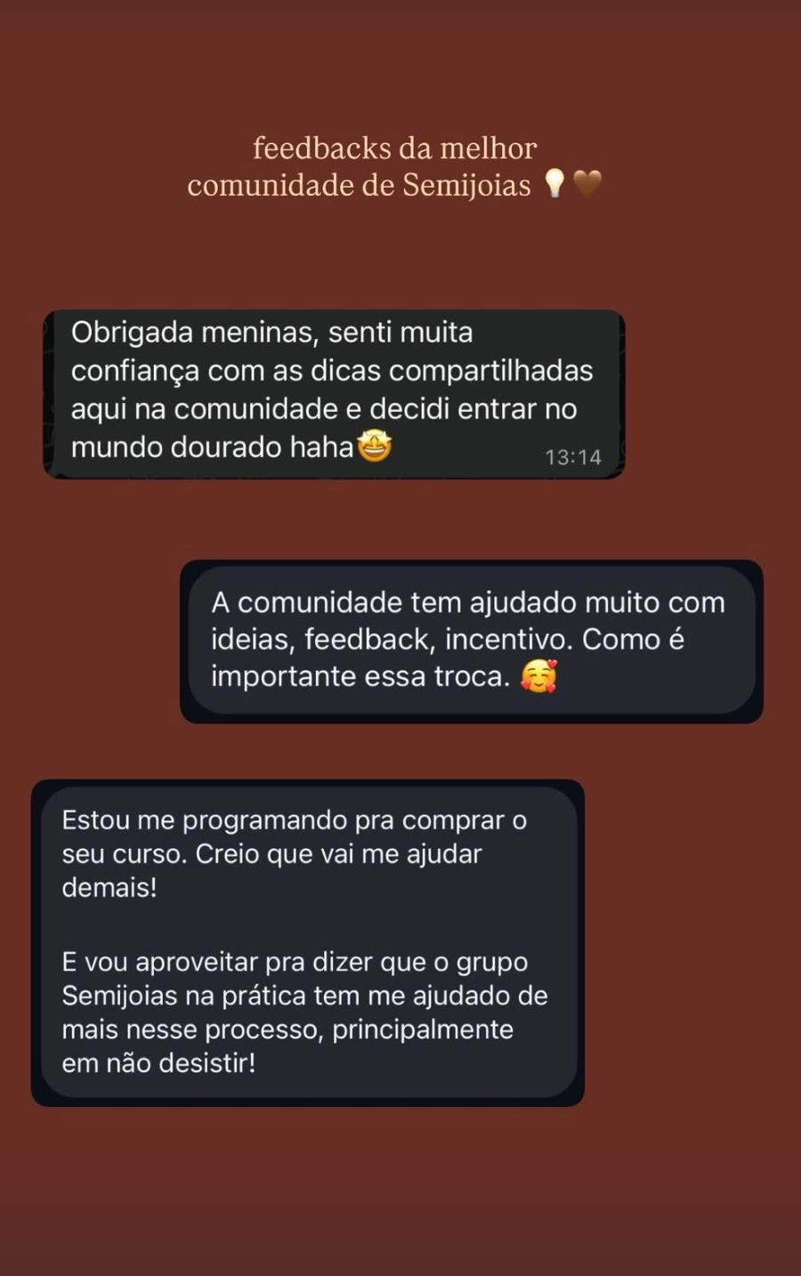 Prints de feedbacks da comunidade de Semijoias