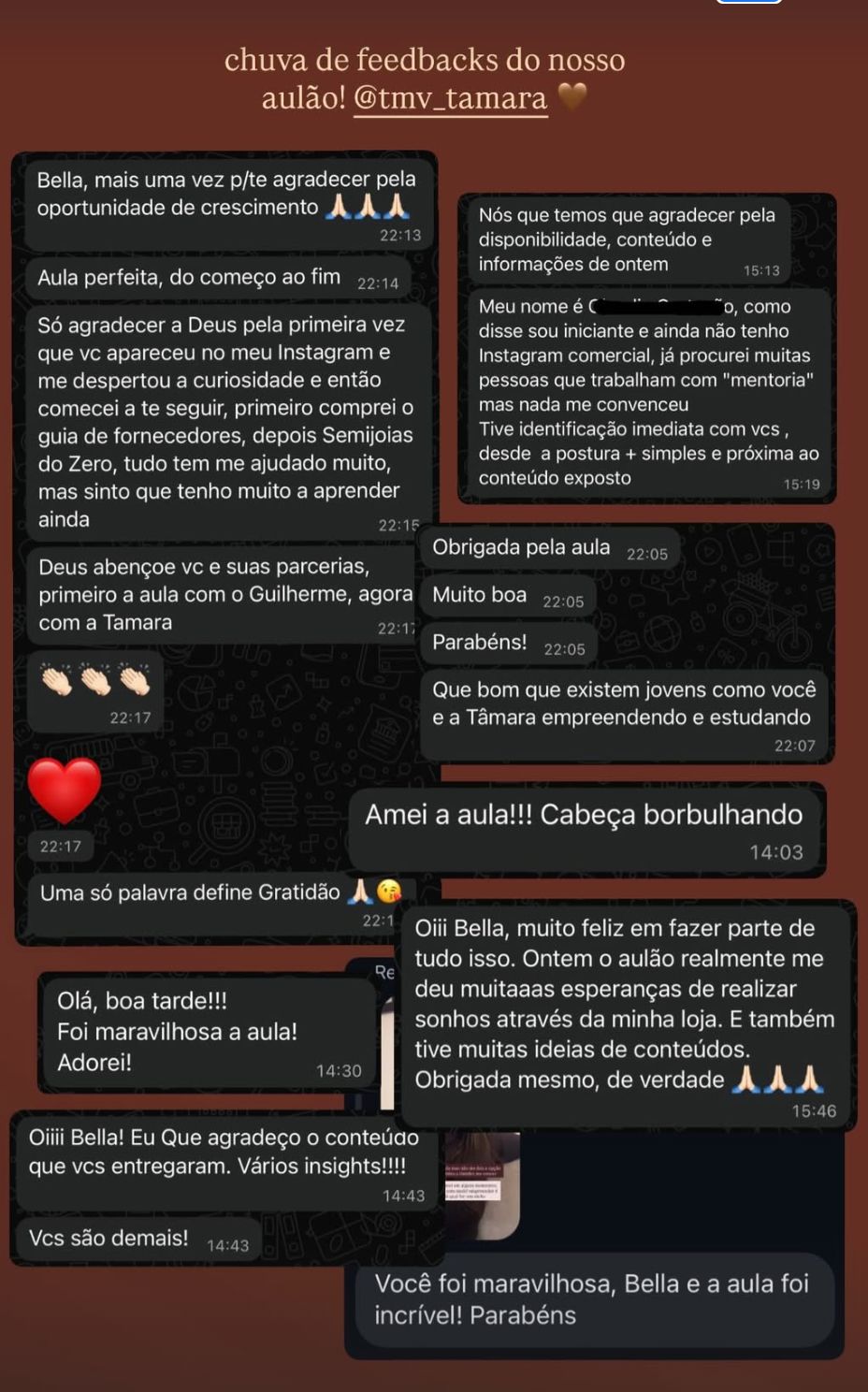Prints de feedbacks de alunas sobre aulão ao vivo